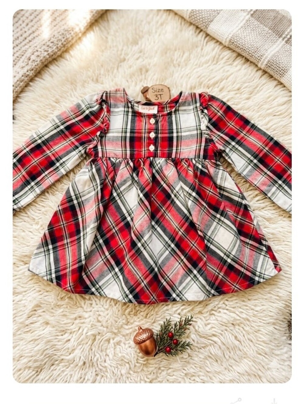 Cat & Jack Girls 3t Red Plaid Long Sleeve Holiday Christmas Dress Casual Winter